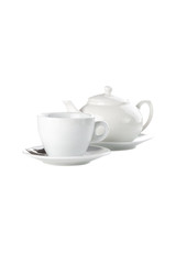 Little white tea cup and a kettle isolated on white background