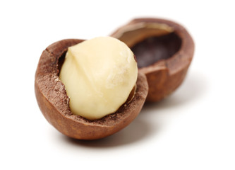 Shelled and unshelled macadamia nuts on white background 