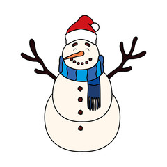 cute snowman with hat and scarf on white background