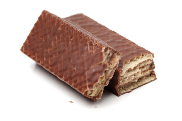 Crunchy chocolate wafers isolated on white background