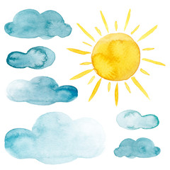 Yellow sun and blue clouds watercolor illustration weather set - 296708881