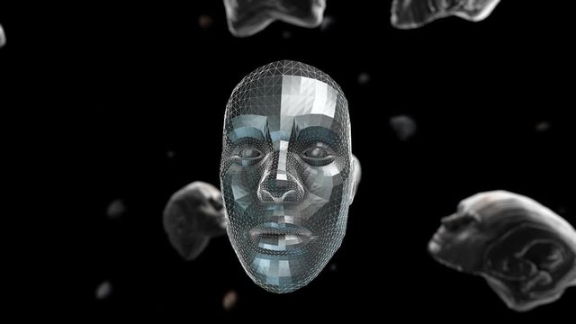 Geometric laser landscape with human head. Seamless metal retro futuristic animation
