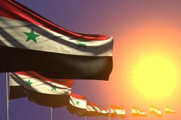 cute feast flag 3d illustration. - many Syrian Arab Republic flags placed diagonal on sunset with place for your text