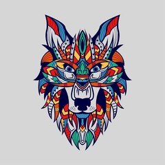 Ethnic patterned head of Wolf Front view Blue Line Colour