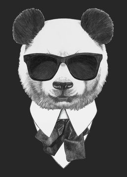 Portrait of Panda in suit. Hand-drawn illustration of dog. Vector isolated elements.