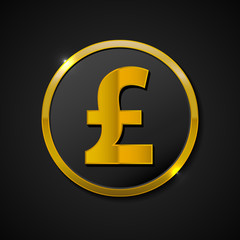 Pound currency sign circular gold vector web button icon. Vector illustration on black background.