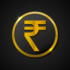 Rupie currency sign circular gold vector web button icon. Vector illustration on black background.