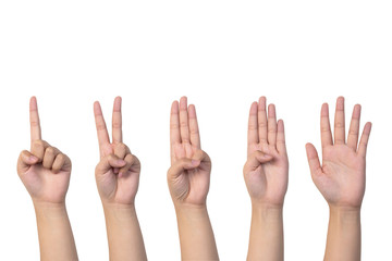 collection of 1 to 5 fingers count signs isolated on white background with clipping path.