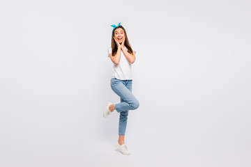 Full size photo of crazy funky girl have fun hear listen incredible novelty wonder shout wear...