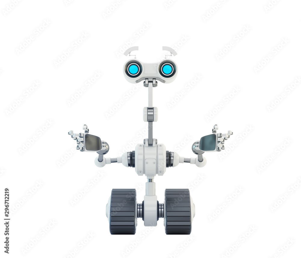 Poster emotional robotic explorer on tracks gesturing with arms, 3d rendering in front angle