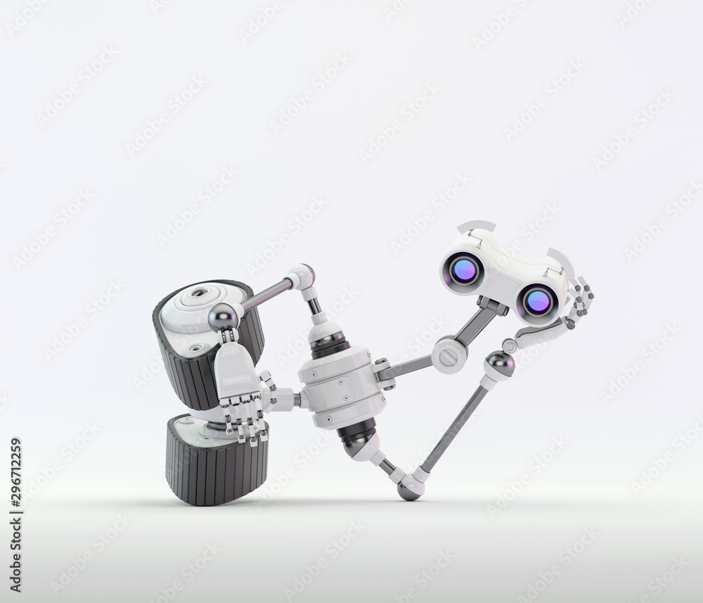 Poster funny robotic explorer on tracks resting in reclining position, 3d rendering