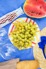 bright summer picnic. hat, glasses, grapes, watermelon