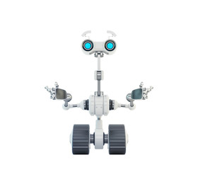 Emotional robotic explorer on tracks gesturing with arms, 3d rendering in front angle