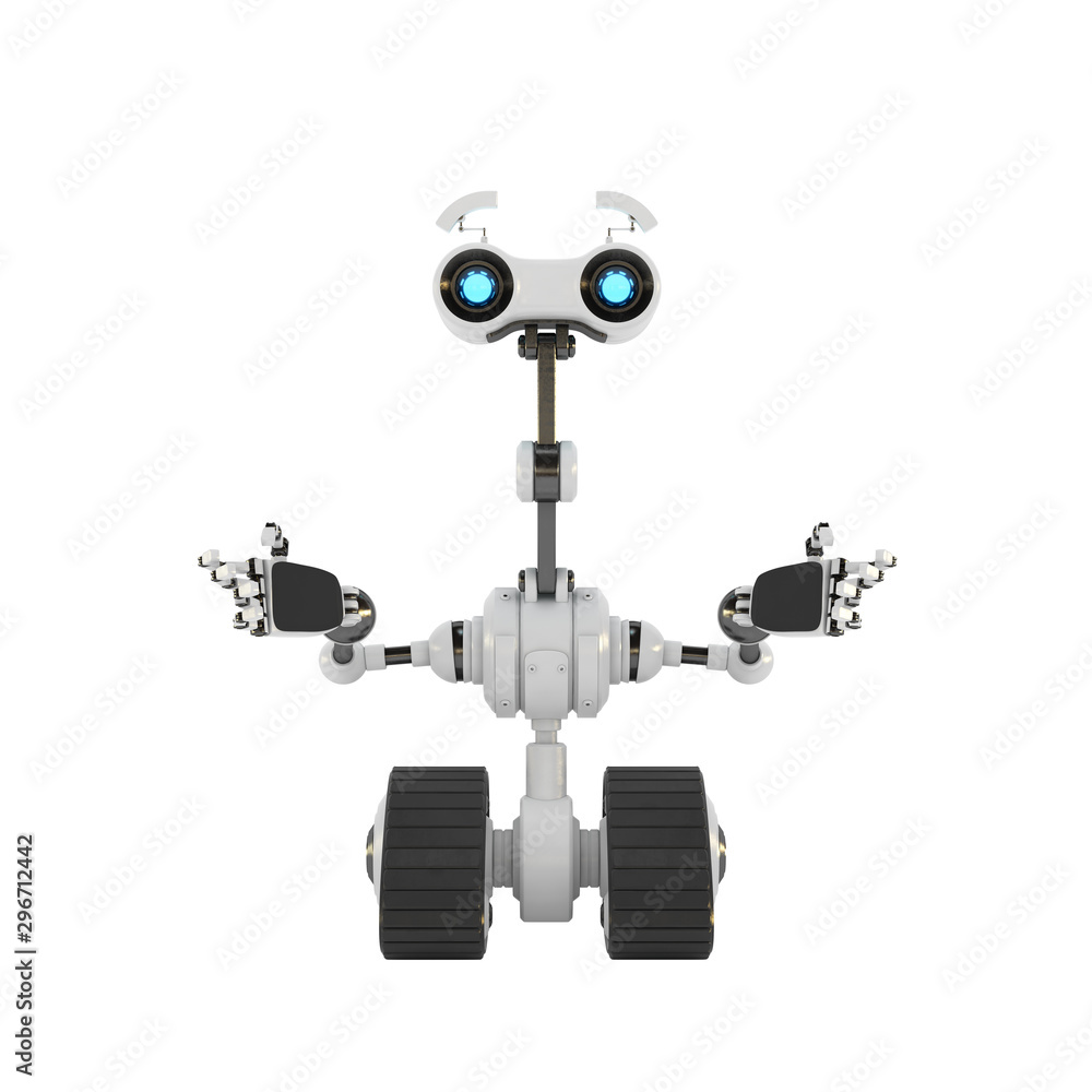 Poster emotional robotic explorer on tracks gesturing with arms, 3d rendering in front angle