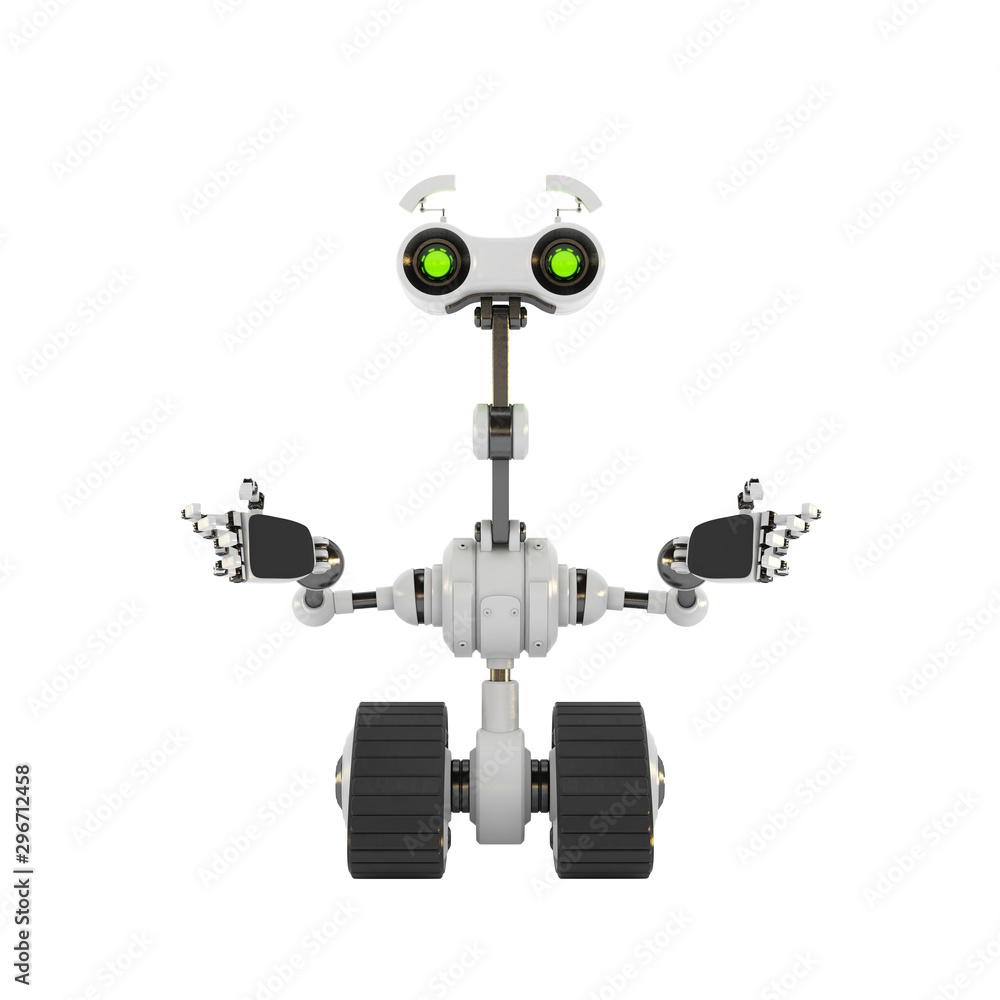 Poster emotional robotic explorer on tracks gesturing with arms, 3d rendering in front angle
