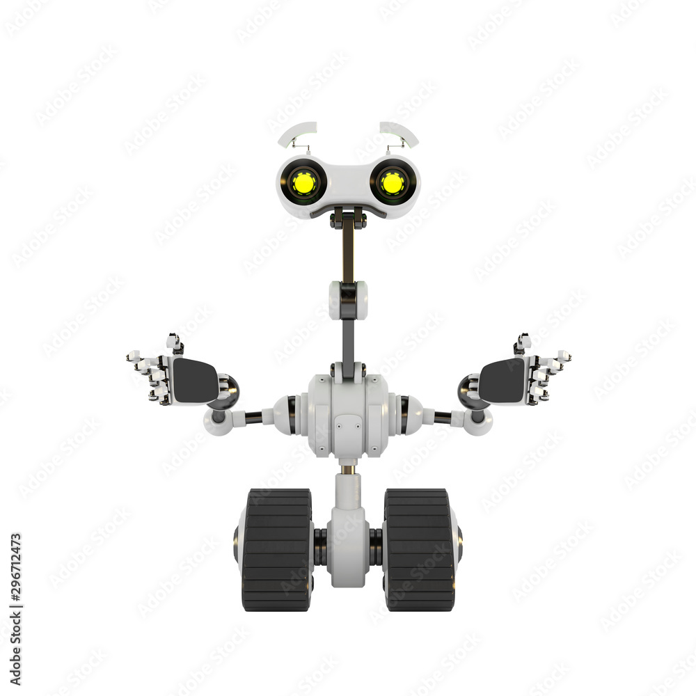 Poster emotional robotic explorer on tracks gesturing with arms, 3d rendering in front angle