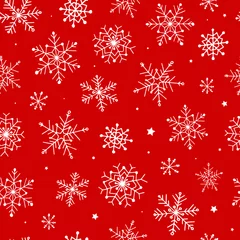 Gardinen festliches weihnachtsnahtloses muster mit handgezeichneten schneeflocken auf rotem hintergrund © Натали Осипова
