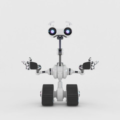 Emotional robotic explorer on tracks gesturing with arms, 3d rendering in front angle