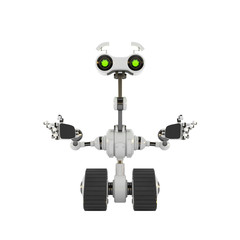 Emotional robotic explorer on tracks gesturing with arms, 3d rendering in front angle