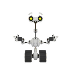 Emotional robotic explorer on tracks gesturing with arms, 3d rendering in front angle