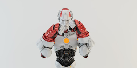 Muscly Robotic Man Wearing Red Boxing Gloves And Punching, front 3d rendering