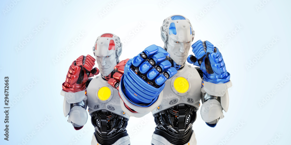 Poster two robotic boxers in rack stand, 3d rendering on light background