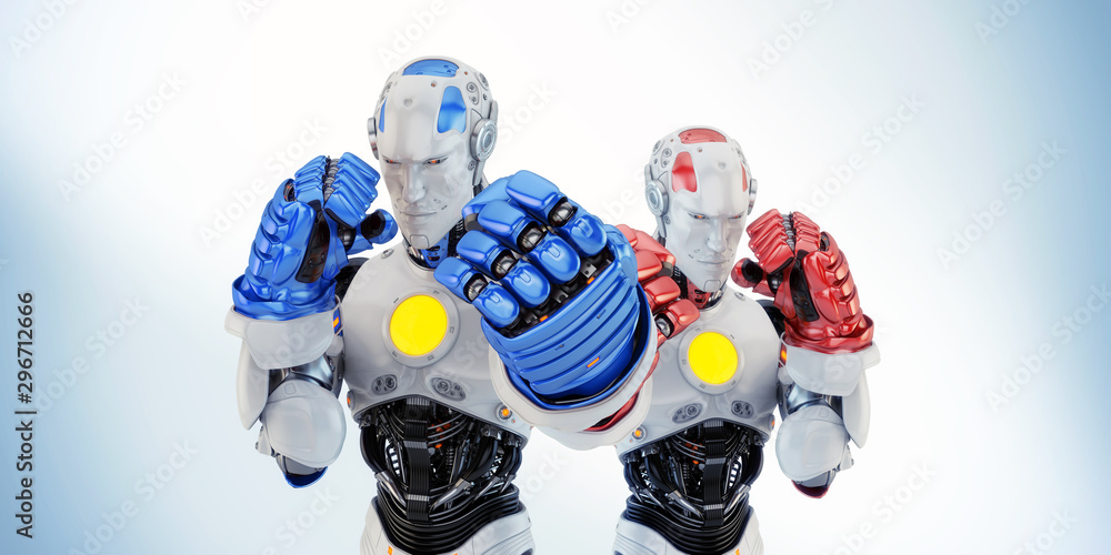 Poster two robotic boxers in rack stand, 3d rendering on light background
