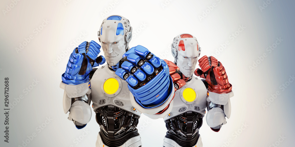 Poster two robotic boxers in rack stand, 3d rendering on light background