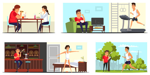 Lifestyle comparison flat vector illustrations set