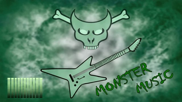 Green skull mask and guitar with equalizer on a green background with the text Monster Music