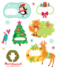 Holiday set. Christmas Stickers with Cute Characters