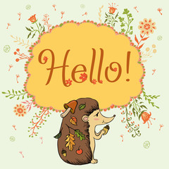Hedgehog hi text vector illustration flowers frame freehand drawing