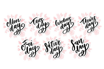 Vector handwritten week days and symbols set. Ink font. Stickers for planner and other. Clipart. Isolated.