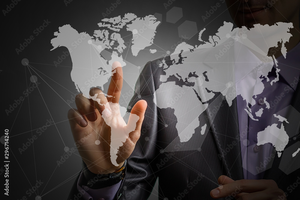 Aufkleber businessman touching on world map with futuristic communication interface.