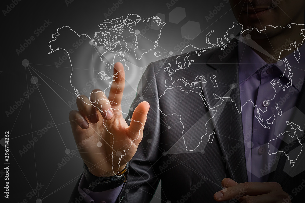 Poster businessman touching on world map with futuristic communication interface.
