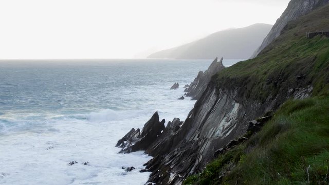 footage of the rocky coastline at Coumeenoule in the dingle peninsula on the southern coast of Ireland, a filming location of the star wars movies