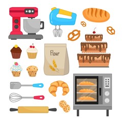 Vector set of baking equipment. Home bakery. Illustration of cakes, cupcakes, bread and other pastries.