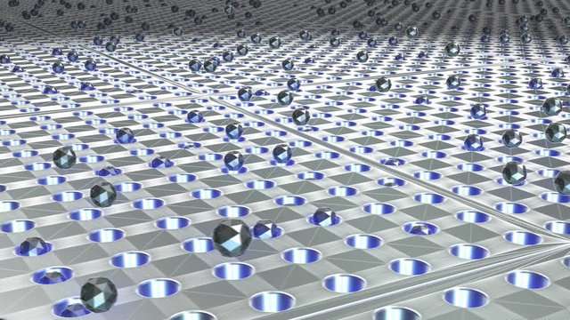 Geometric laser background of lowpoly bouncing balls. Seamless metal retro futuristic animation 