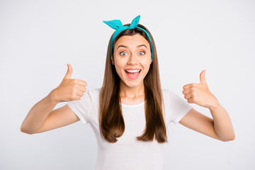 Portrait of cheerful funky enthusiastic girl promoter show thumb up pick tips recommend discounts...