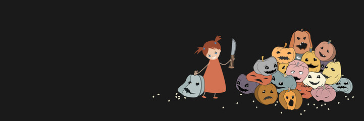 Banner with a pretty smiling little girl with a huge knife carries the big pumpking. Funny Halloween vector illustration, place for invitation or other text