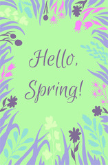 Hello spring background for greeting card floral elements in a circle