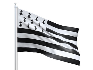 Brittany (Region of France) flag waving on white background, close up, isolated. 3D render