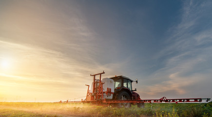 Naklejka premium Tractor spraying soybean field in sunset