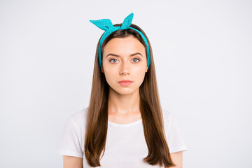 Close up photo of focused serious girl worker at summer look listen wear fashionable youth clothes...