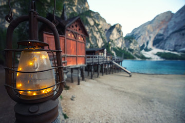 lamp on the Braies Lake in Dolomites mountains, Italy