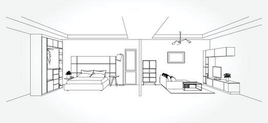 Linear sketch of an interior. Living room plan. Sketch Line sofa set. Vector illustration.outline sketch drawing perspective of a interior space.