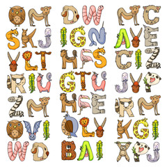 Animal alphabet. Zoo alphabet. Letters from A to Z. Cartoon cute animals. Elephant, dog, flamingo, giraffe, horse, alligator, bear, cat.