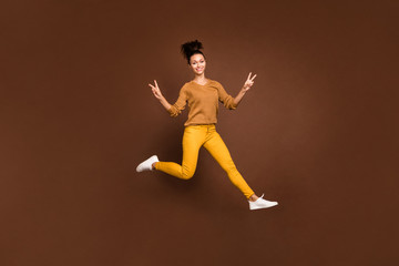 Fototapeta na wymiar Full length body size photo of cheerful sweet gorgeous fascinating attractive girl showing you double v-sign in hurry to say hello isolated over brown pastel color background