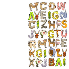 Animal alphabet. Zoo alphabet. Letters from A to Z. Cartoon cute animals. Elephant, dog, flamingo, giraffe, horse, alligator, bear, cat.