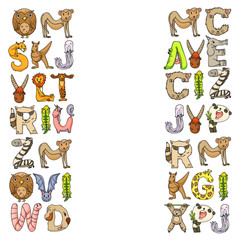Animal alphabet. Zoo alphabet. Letters from A to Z. Cartoon cute animals. Elephant, dog, flamingo, giraffe, horse, alligator, bear, cat.
